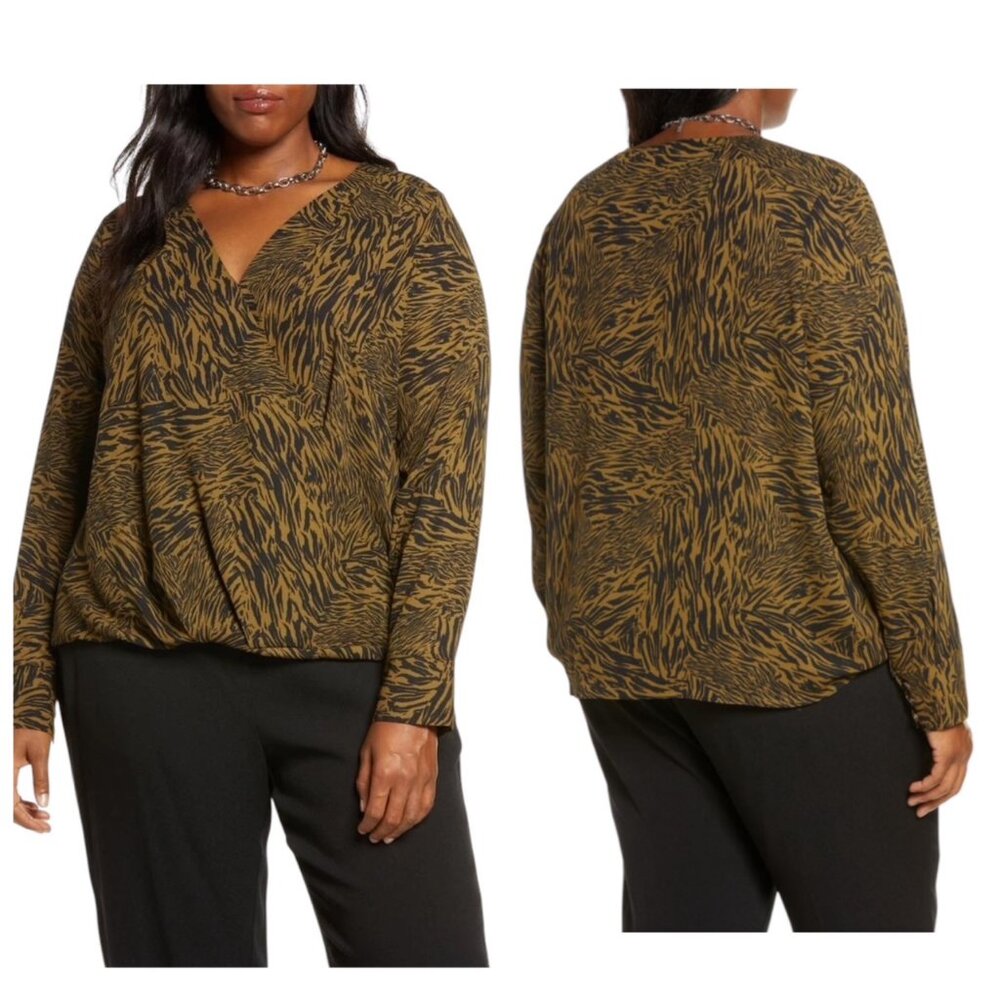 Halogen Cross Front Blouse - Olive & Black Animal Print - Size 1X